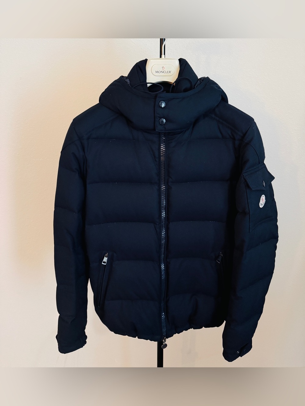 Moncler Montgenevre Hooded Wool Flannel Short Down Jacket